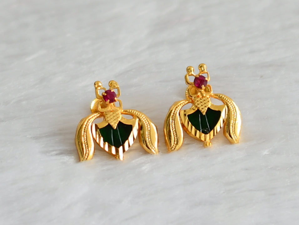 Gold tone kerala style pink-green palakka lotus earrings dj-47214