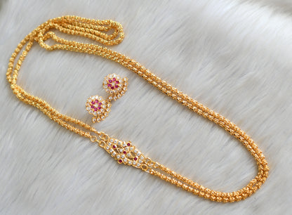 Gold tone ruby-white stone double layer mugappu chain with earrings dj-42513