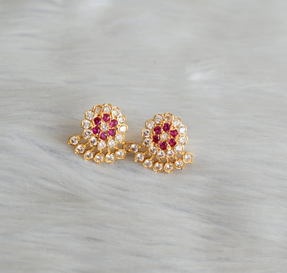 Gold tone ruby-white stone double layer mugappu chain with earrings dj-42513