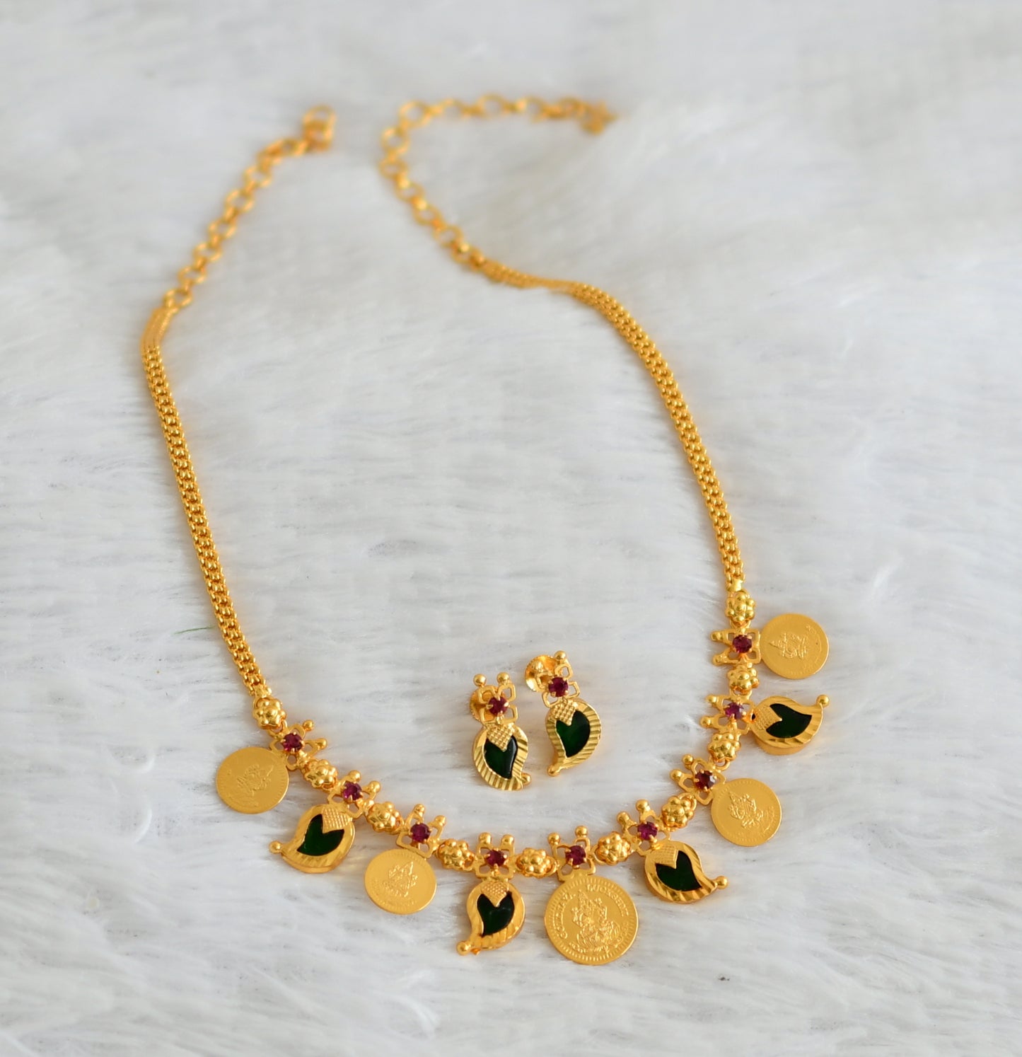 Gold Tone Kerala Style Pink-green Mango Coin Necklace Set DJ26950