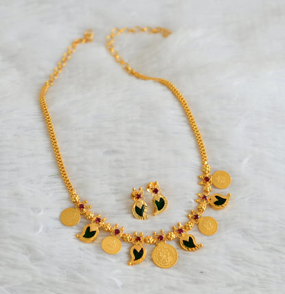 Gold Tone Kerala Style Pink-green Mango Coin Necklace Set DJ26950