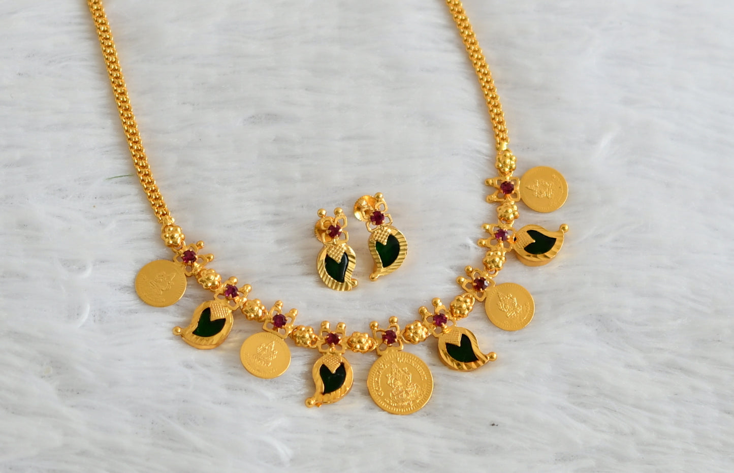 Gold Tone Kerala Style Pink-green Mango Coin Necklace Set DJ26950