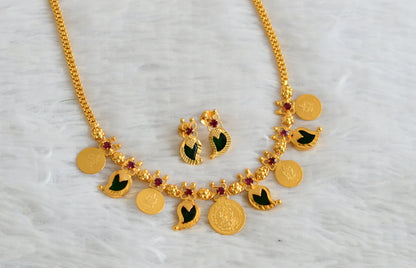 Gold Tone Kerala Style Pink-green Mango Coin Necklace Set DJ26950