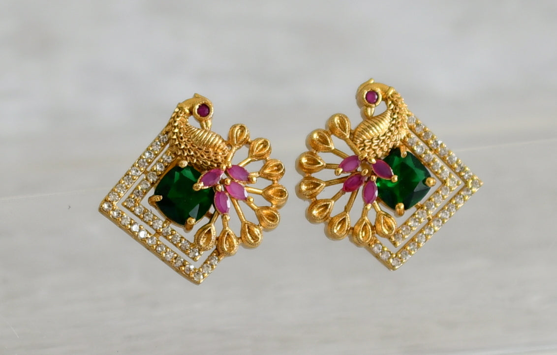 Matte finish cz green-ruby peacock stud/earrings dj-49005