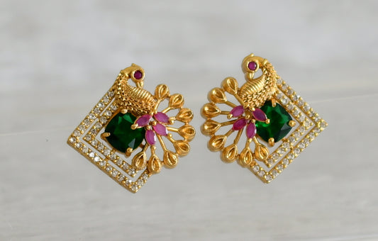 Matte finish cz green-ruby peacock stud/earrings dj-49005