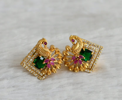 Matte finish cz green-ruby peacock stud/earrings dj-49005