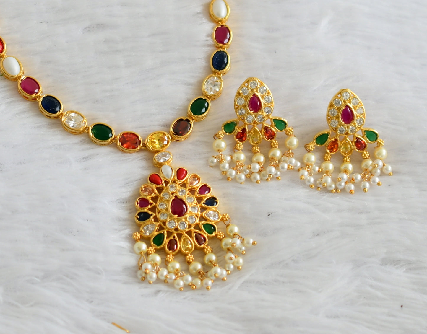 Gold Tone Navarathna pearl necklace set dj-30676