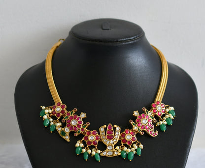 Gold tone kundan jadau Shri Thirumal Nama-shanku-chakra necklace dj-36307