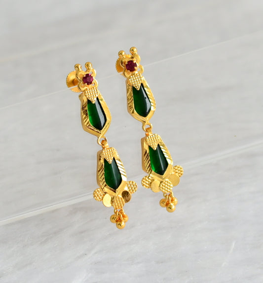 Gold tone kerala style pink-green nagapadam long earrings dj-47221