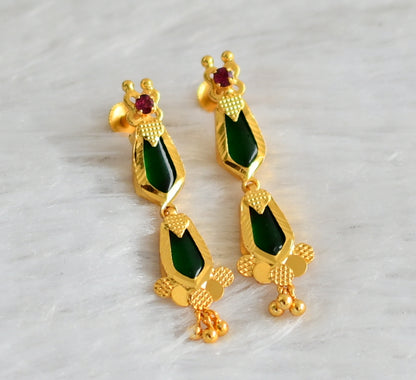 Gold tone kerala style pink-green nagapadam long earrings dj-47221