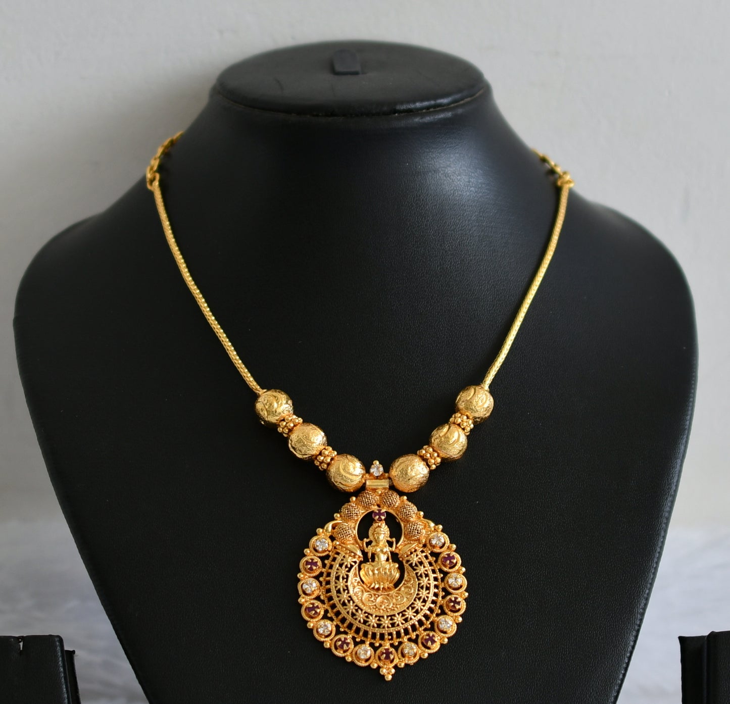 Gold tone pink-white stone Lakshmi necklace dj-37669