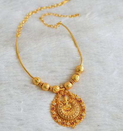 Gold tone pink-white stone Lakshmi necklace dj-37669