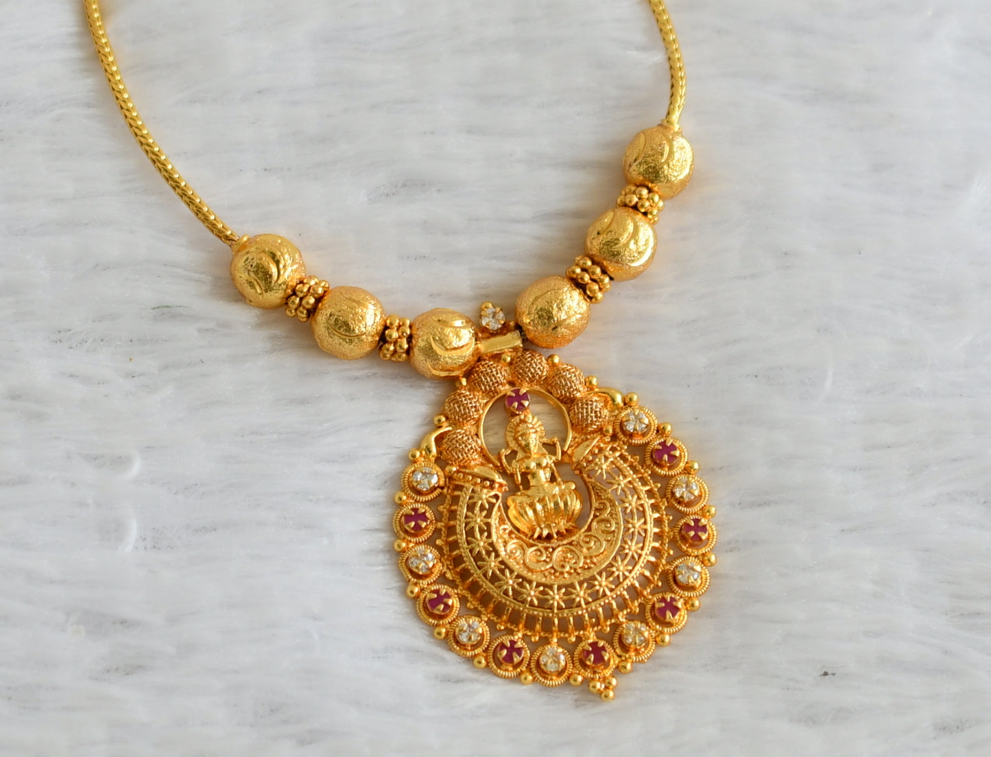 Gold tone pink-white stone Lakshmi necklace dj-37669