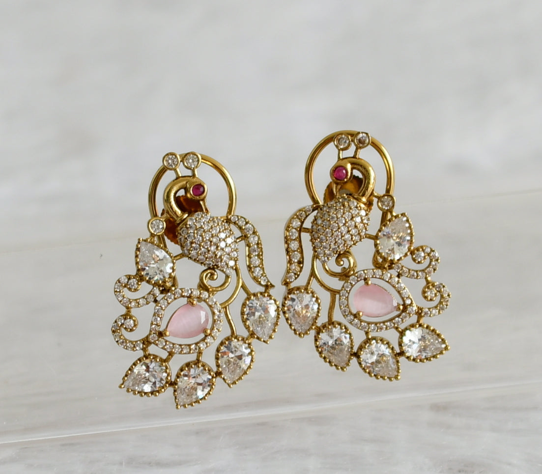 Matte finish cz white-baby pink stone peacock earrings dj-49025