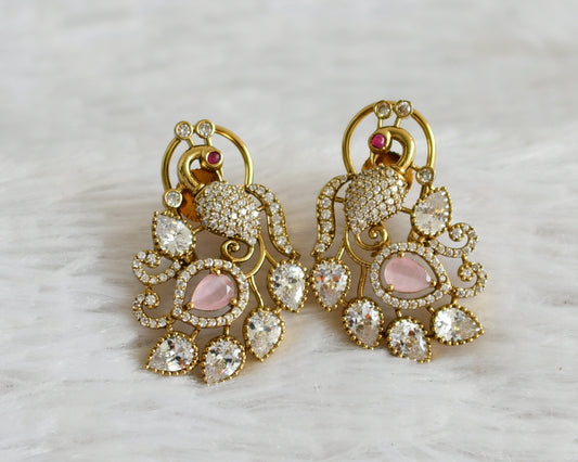 Matte finish cz white-baby pink stone peacock earrings dj-49025