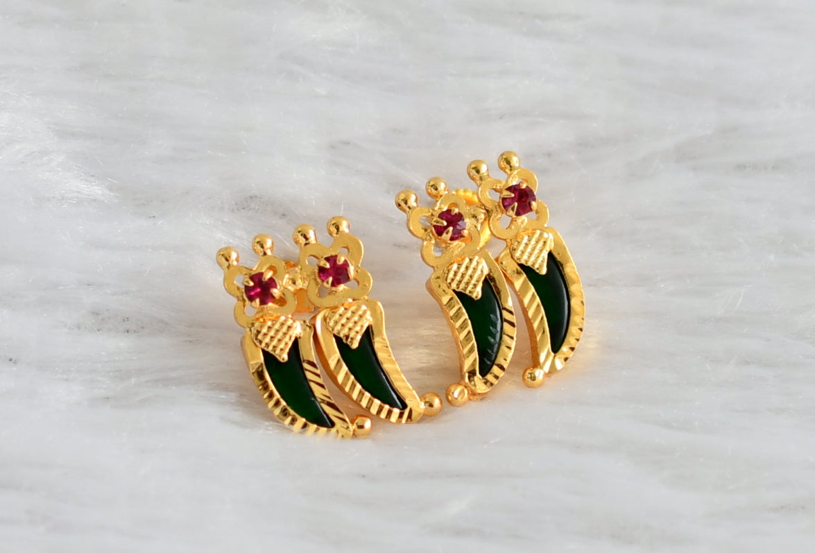 Gold tone kerala style pink-green tiger nail earrings dj-47223