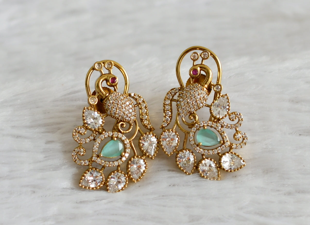 Matte finish cz white-sea green peacock victorian earrings dj-49022