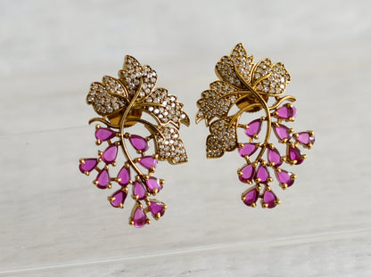 Matte finish cz pink stone leaf earrings dj-49012