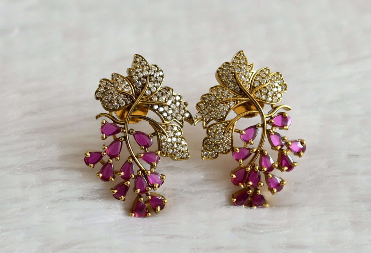 Matte finish cz pink stone leaf earrings dj-49012