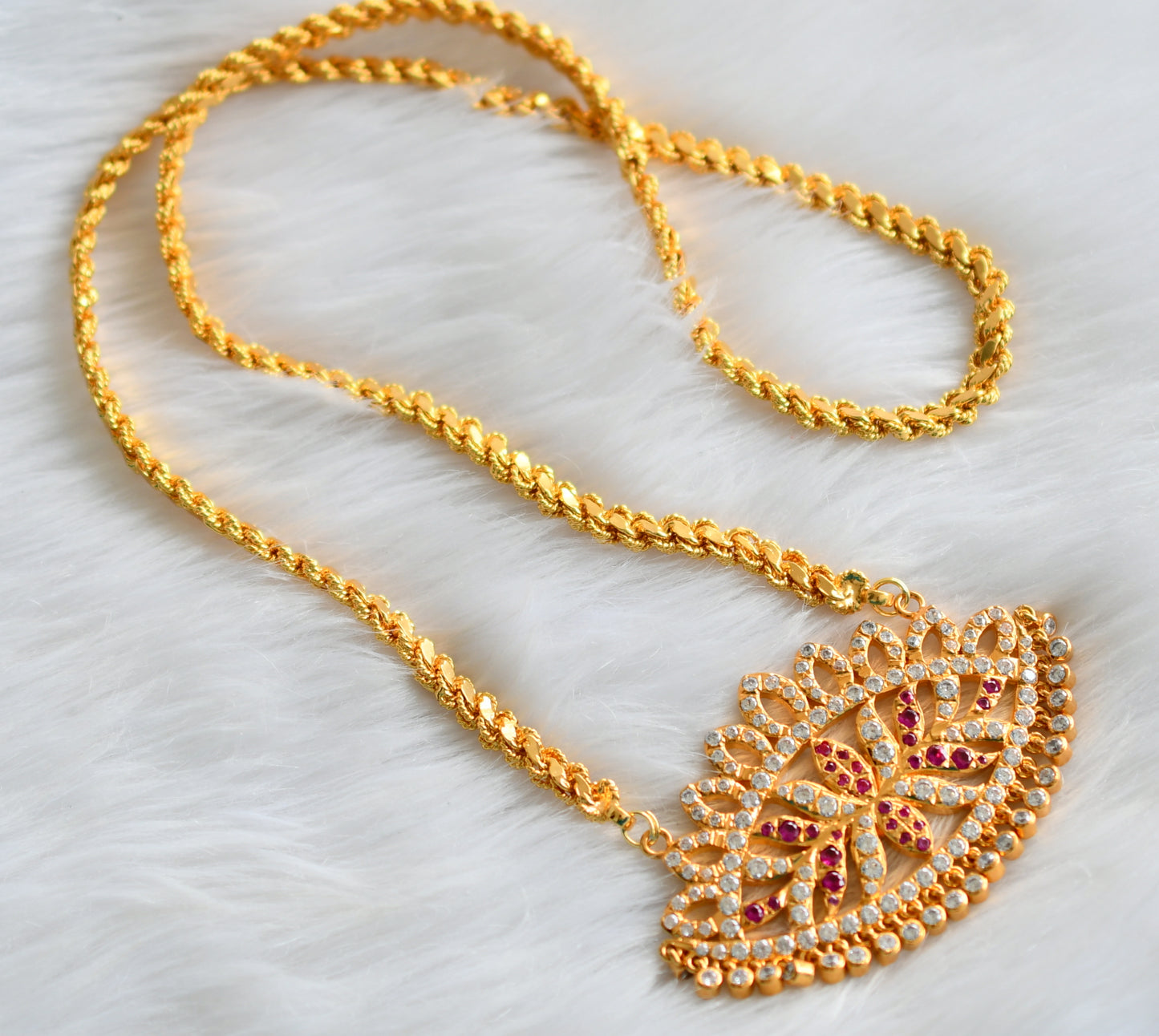 Gold tone 24 inches chain with south indian pink-white lotus pendant dj-43844
