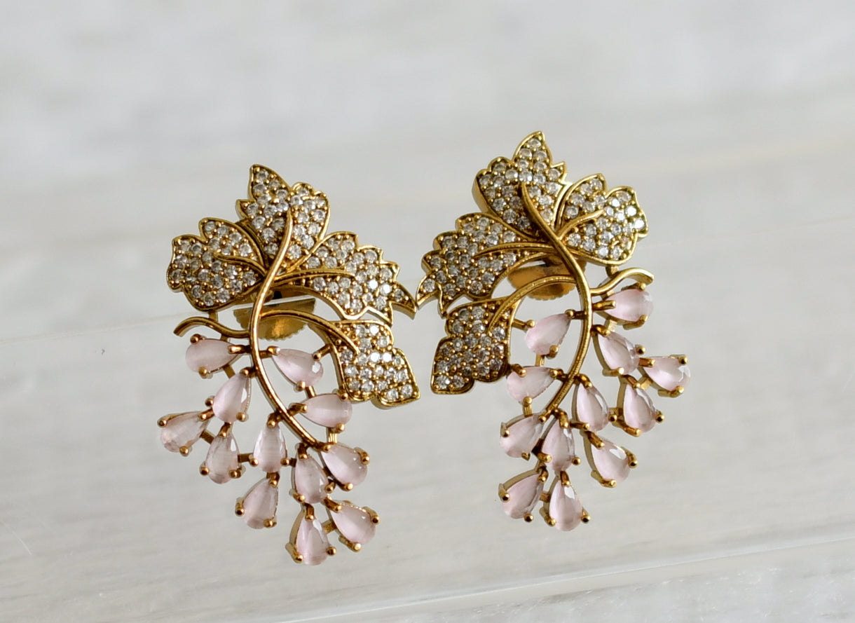 Matte finish cz baby pink leaf earrings dj-49013