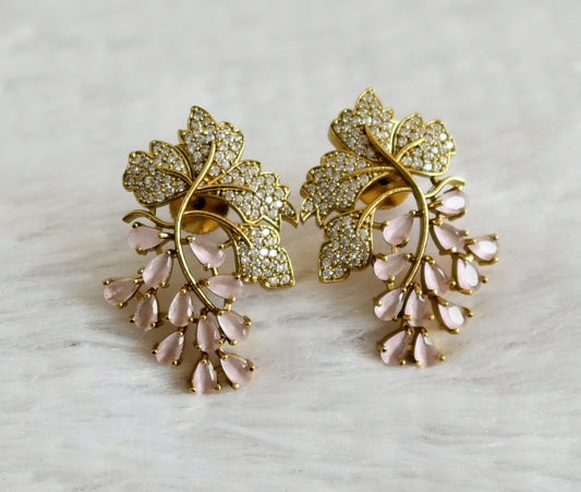 Matte finish cz baby pink leaf earrings dj-49013