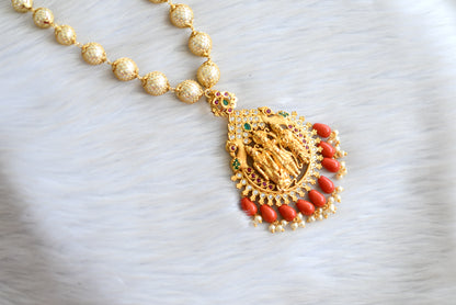 Gold tone coral beads ruby-green ramparivar pearl mala/necklace dj-34249