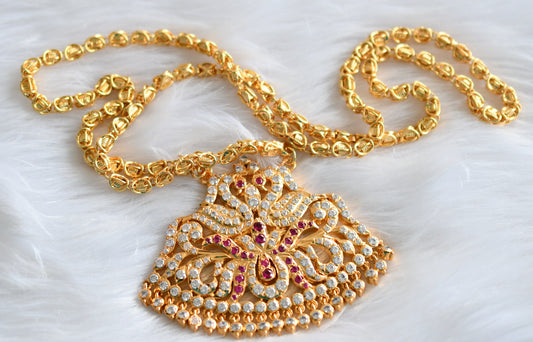 Gold tone 24 inches chain with south indain ad stone pink-white peacock pendant dj-43842