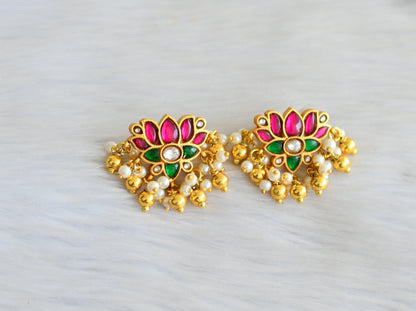 Gold tone pink-green-white kundan jadau Lotus earrings dj-39573