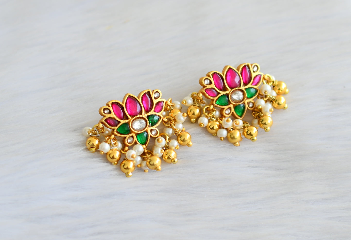 Gold tone pink-green-white kundan jadau Lotus earrings dj-39573