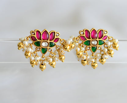 Gold tone pink-green-white kundan jadau Lotus earrings dj-39573