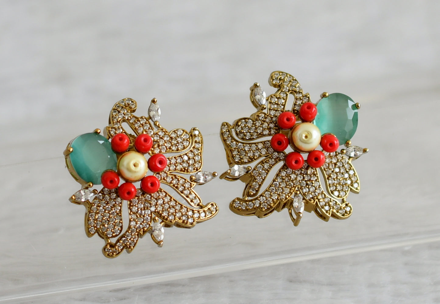 Matte finish cz sea green big coral floral earrings dj-49028