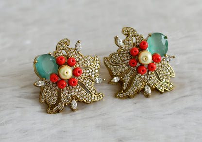 Matte finish cz sea green big coral floral earrings dj-49028