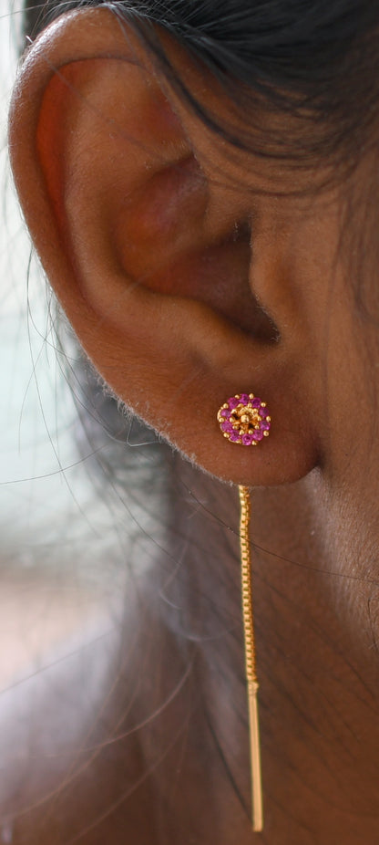 Gold tone pink stone small flower earrings dj-47233