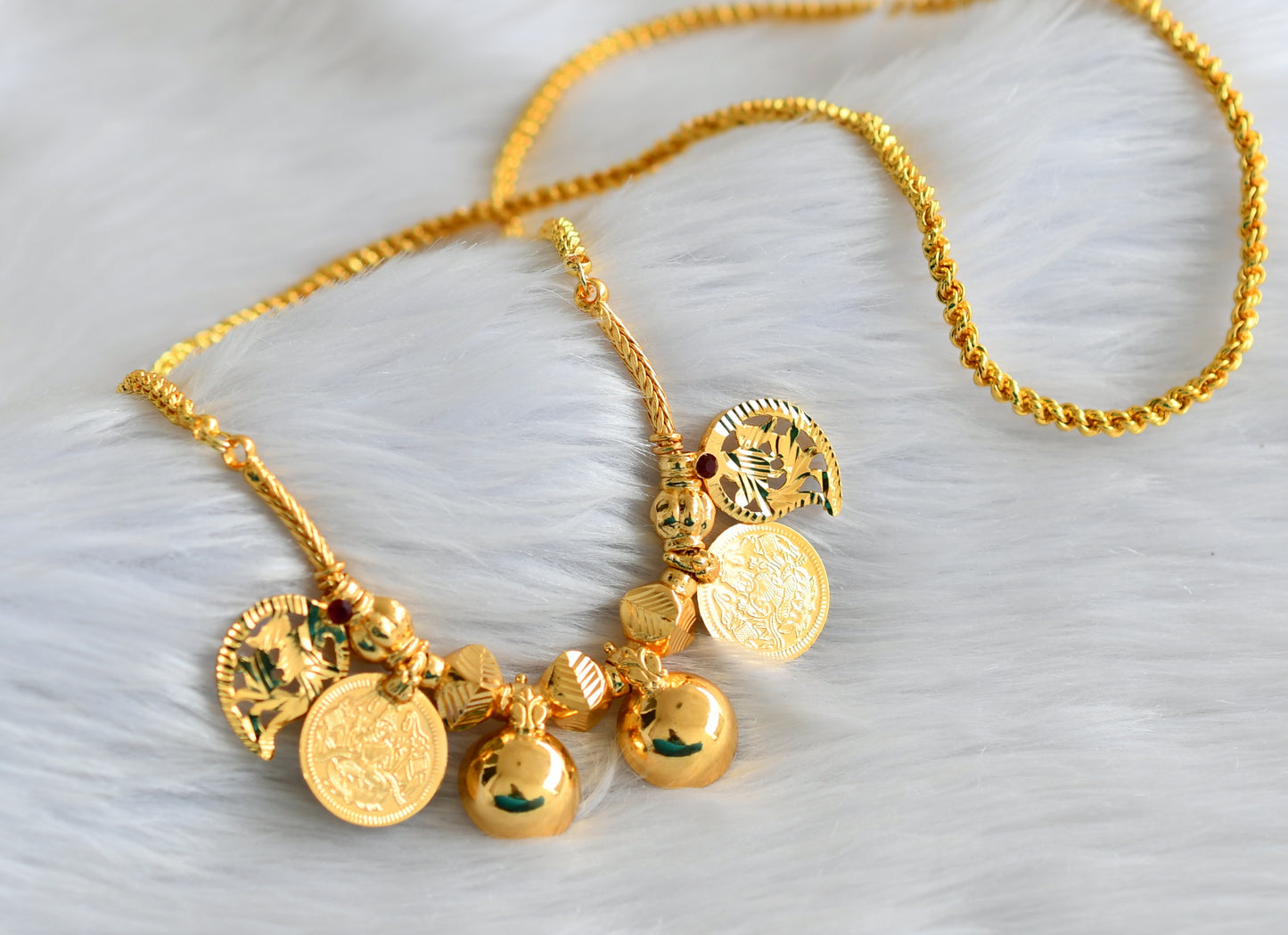 Gold tone 24 inches rope chain with swan mango lakshmi coin bottu mangalyam dj-43854