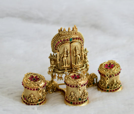 Antique gold tone kemp-green Radhe-Krishna designer kumkum box dj-36362