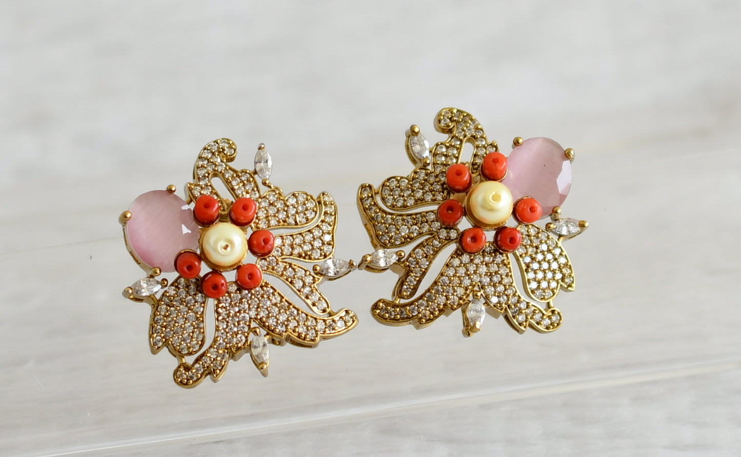 Matte finish cz baby pink big coral floral earrings dj-49027