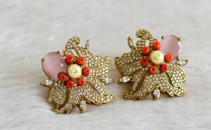 Matte finish cz baby pink big coral floral earrings dj-49027