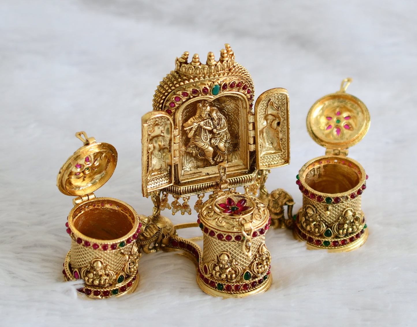Antique gold tone kemp-green Radhe-Krishna designer kumkum box dj-36362