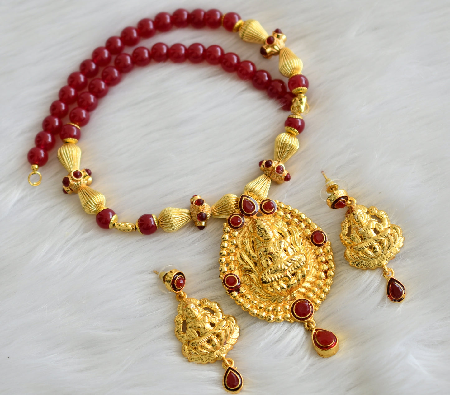 Gold tone maroon lakshmi necklace set dj-03697