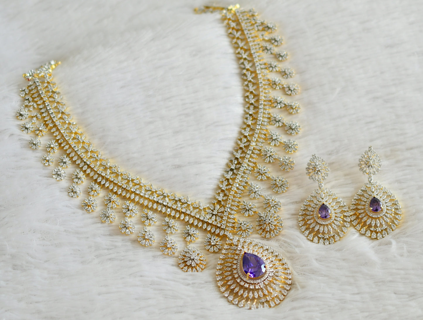 Two tone diamond look alike big cz purple bridal necklace set dj-49047