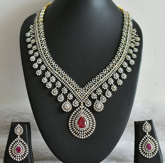 Two tone diamond look alike big cz ruby bridal necklace set dj-49048