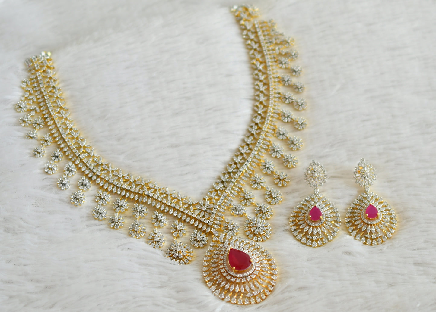 Two tone diamond look alike big cz ruby bridal necklace set dj-49048