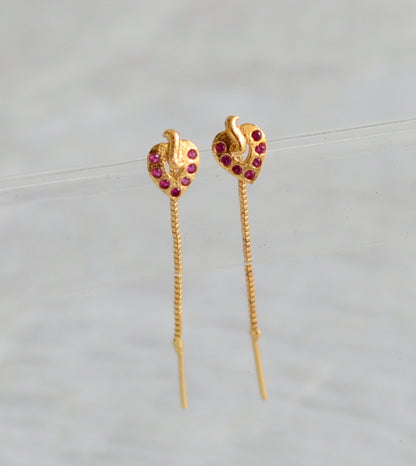 Gold tone pink stone leaf earrings dj-47232