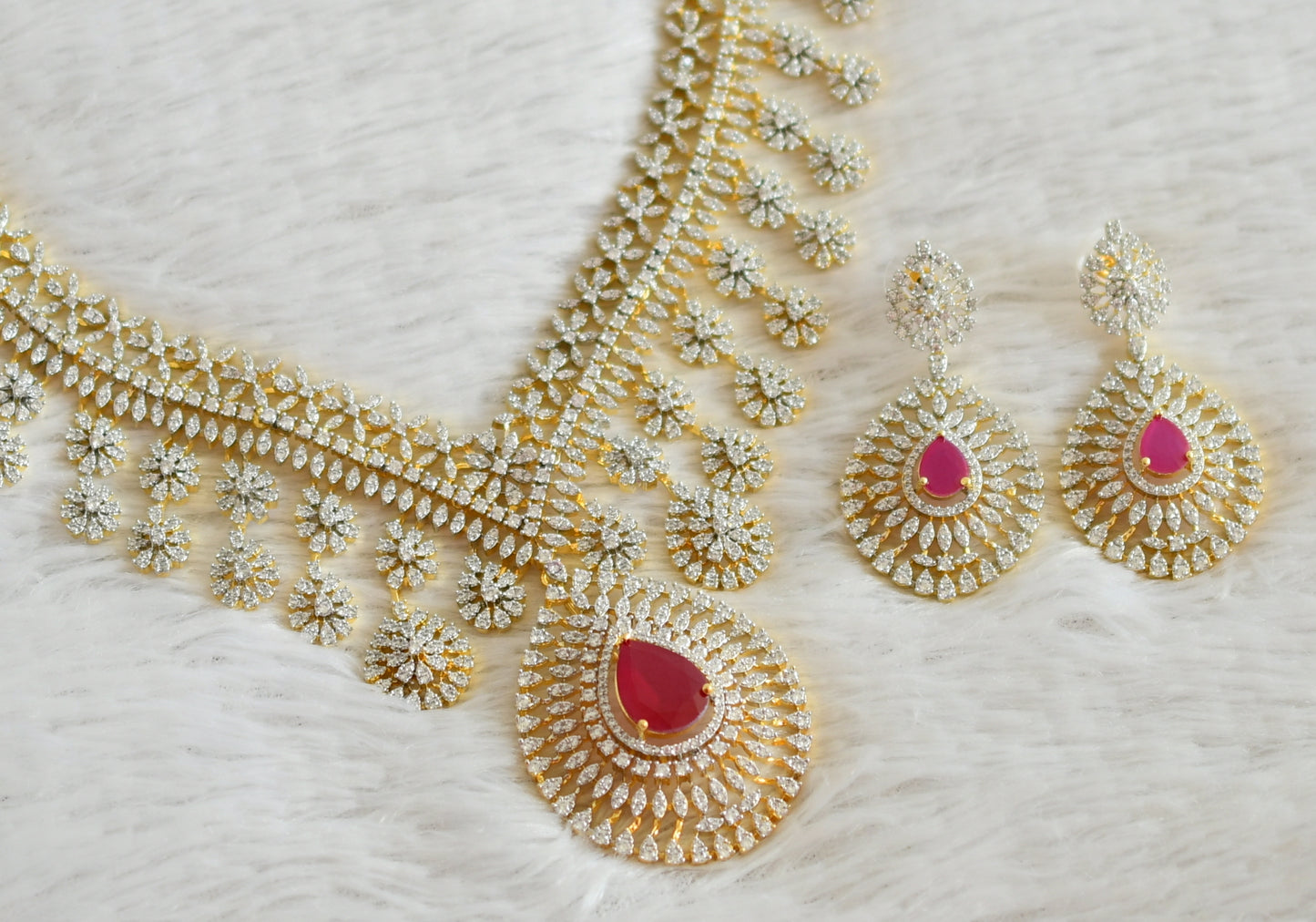 Two tone diamond look alike big cz ruby bridal necklace set dj-49048