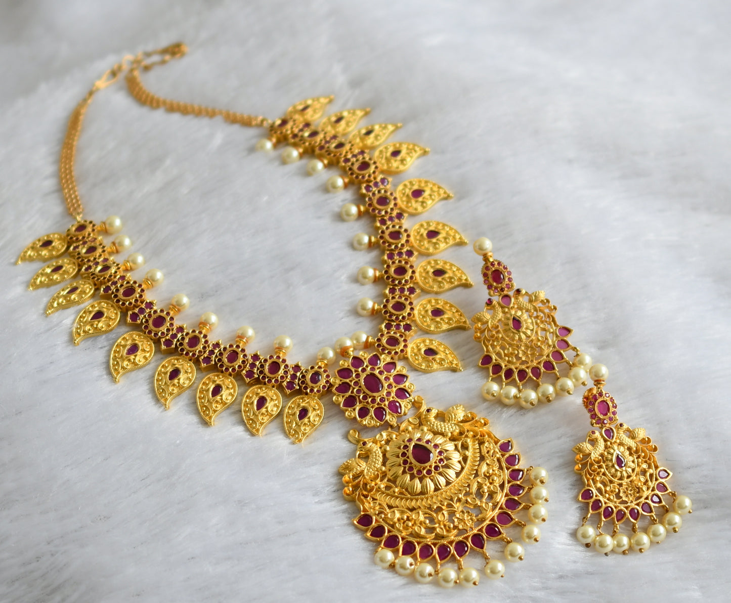 Gold tone ruby pearl mango necklace set dj-10907