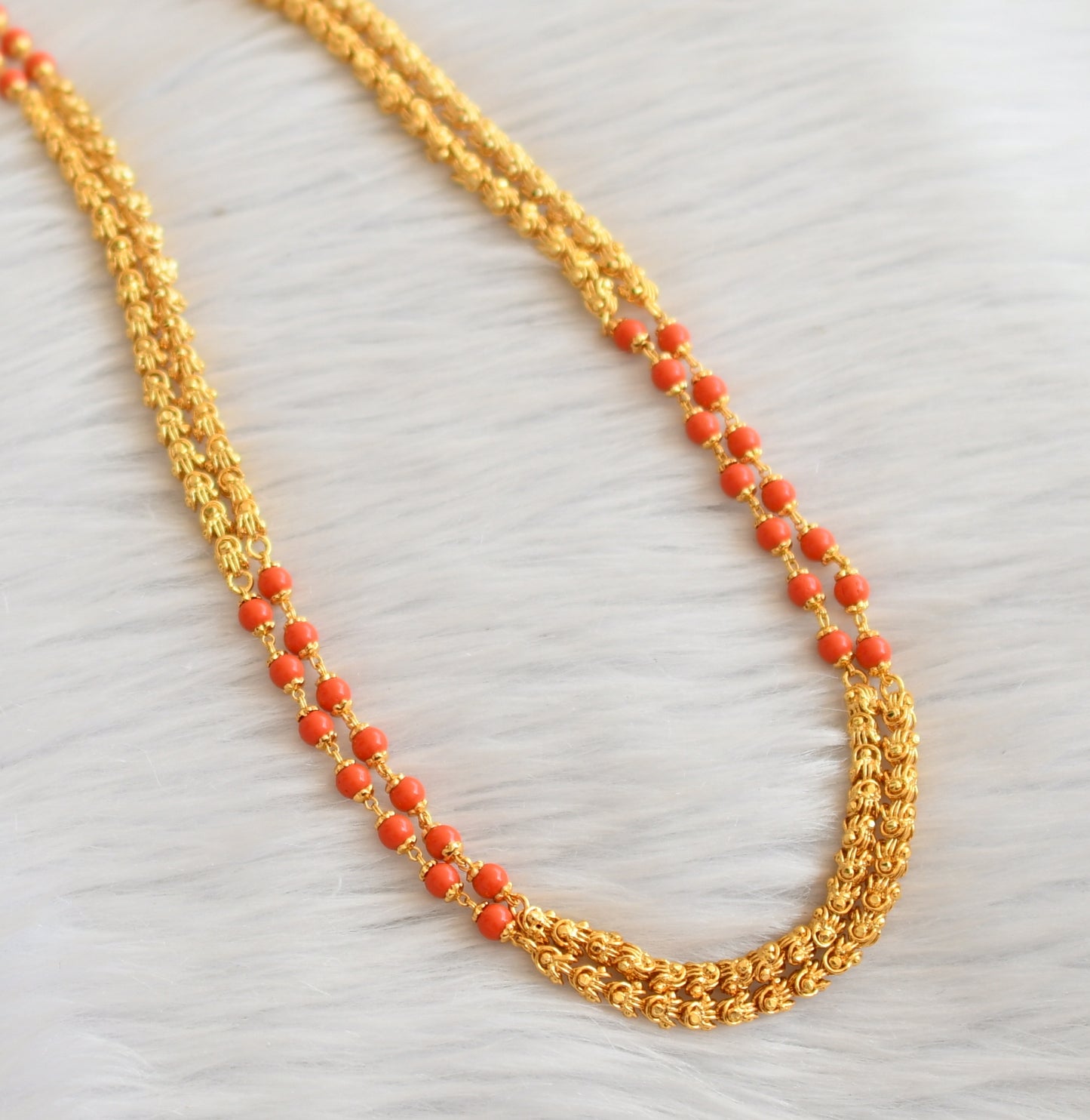 Gold tone 30 inches orange coral bead double layer chain dj-45533