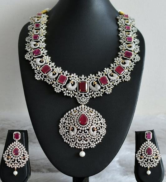 Two tone diamond look alike big cz ruby peacock bridal necklace set dj-49044