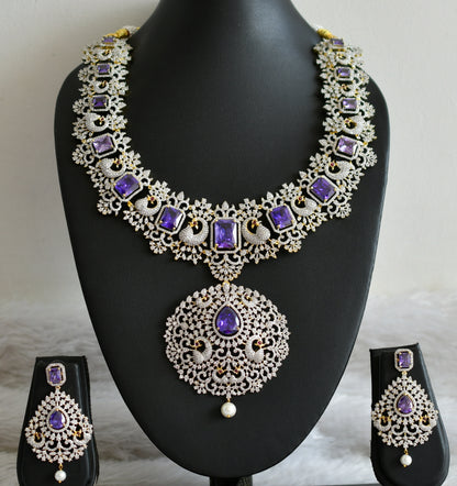 Two tone diamond look alike big cz purple peacock bridal necklace set dj-49045