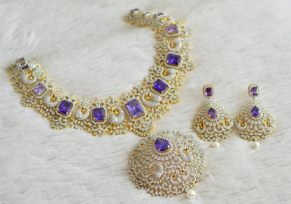 Two tone diamond look alike big cz purple peacock bridal necklace set dj-49045